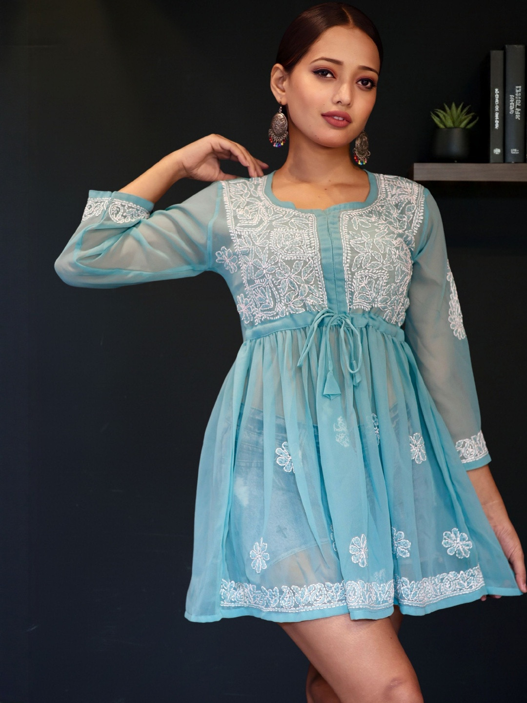 myplusfashion Women Blue Polyester Lucknowi Chikankari Embroidered Tunic