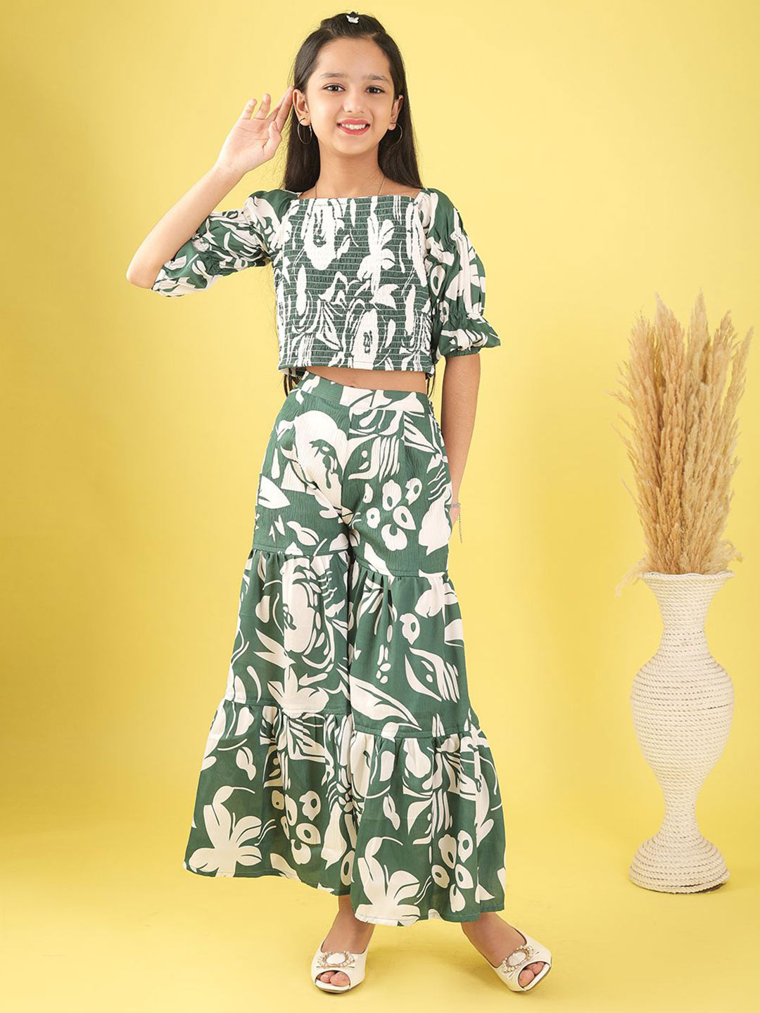 Ishti Girls Floral Printed smocked detail Top with Sharara