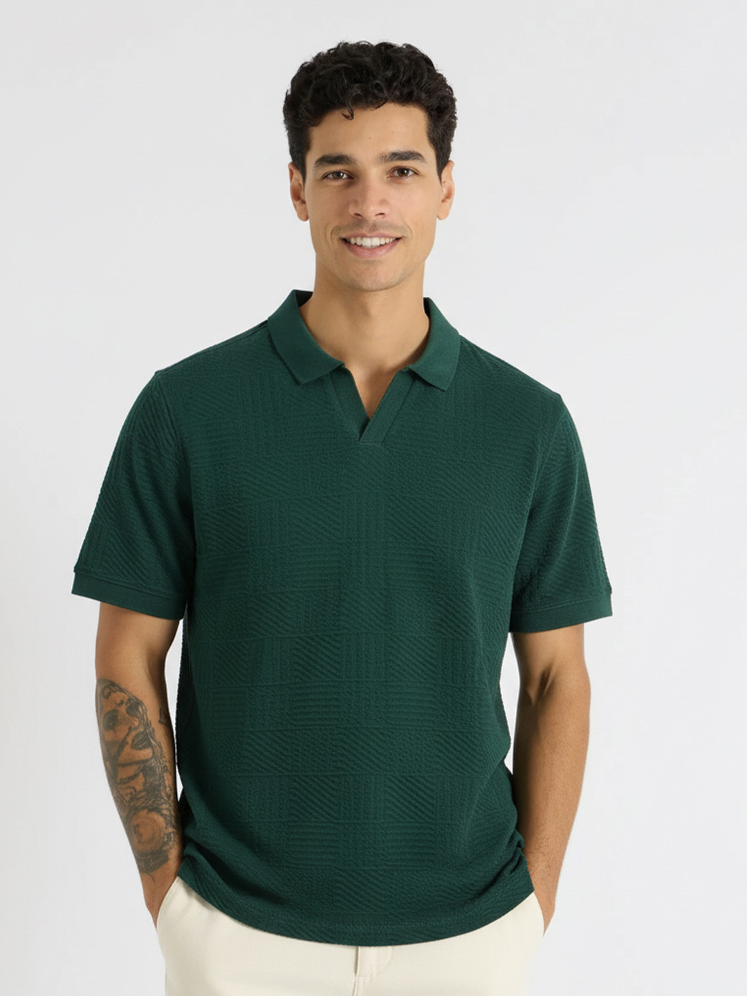 UNSTD Geometric Self Design Cotton Polo Collar Relaxed Fit T-shirt