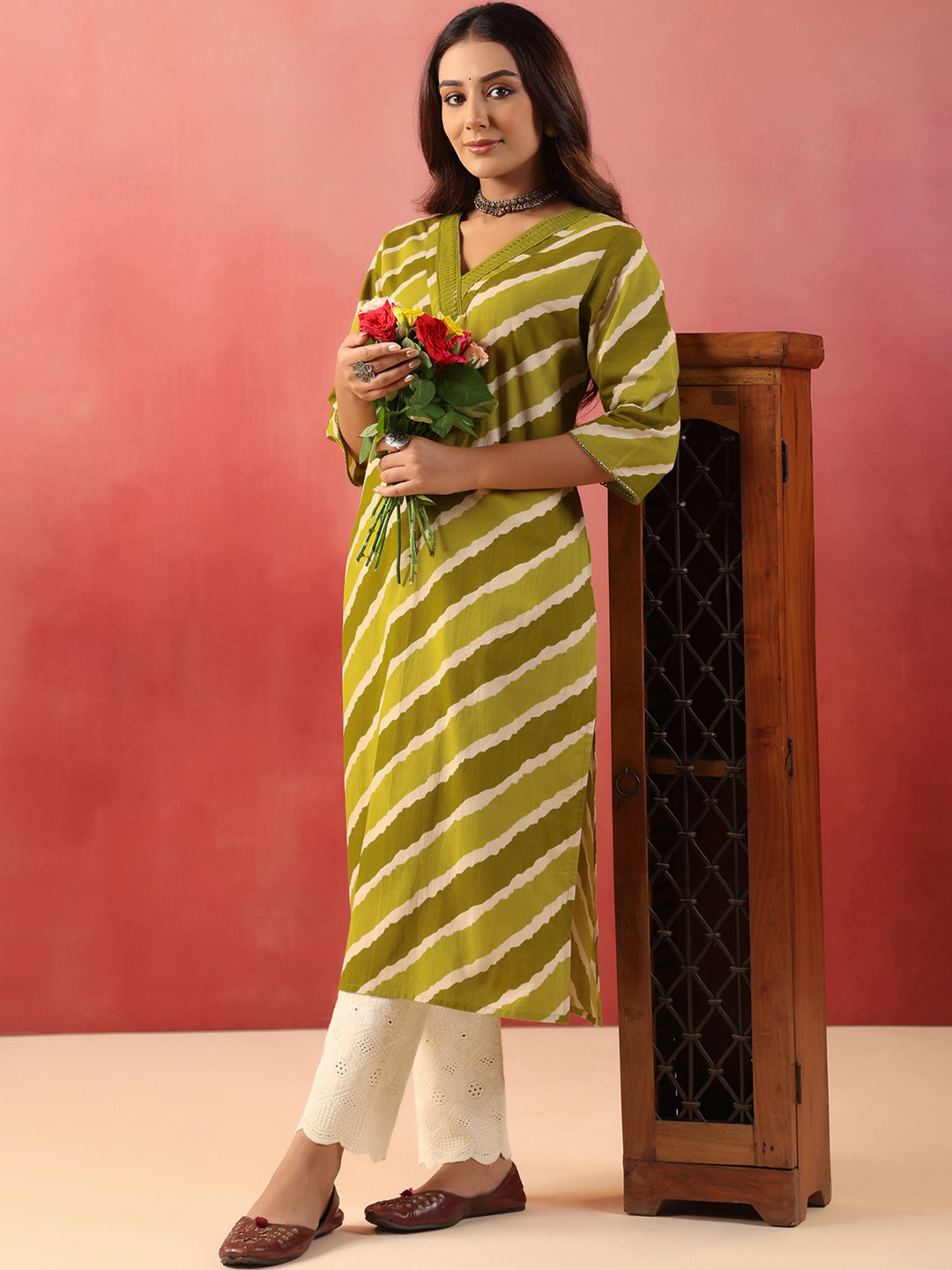 Milvia Women Leheriya Striped Daily Pure Cotton Straight Kurta