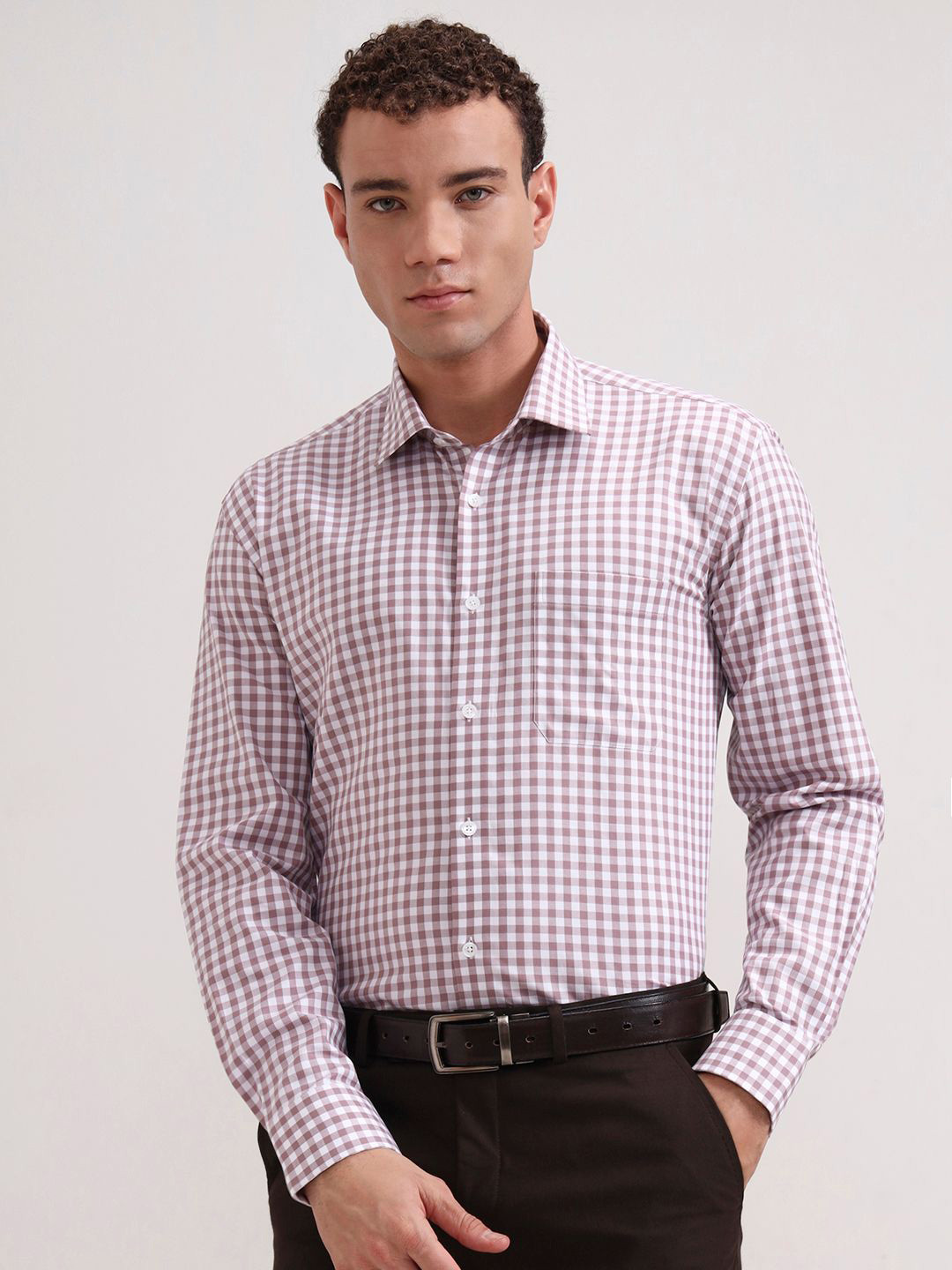 JADE BLUE Gingham Checked Spread Collar Cotton Slim Fit Shirt