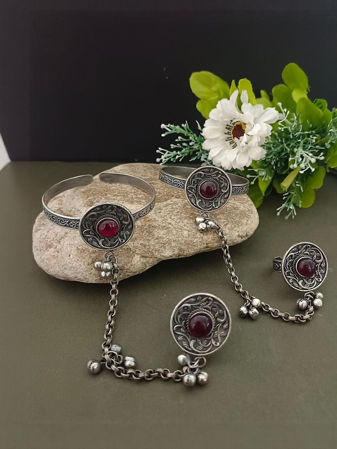 Sanjog Set Of 2 German Silver Plated Stones Studded And Ghungroo Beaded Ring Bracelets