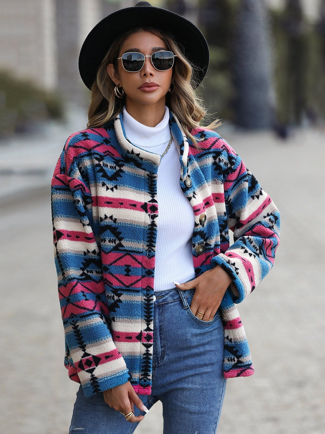 HERE&NOW Women Pink And Blue Self DesignWoven Jacket