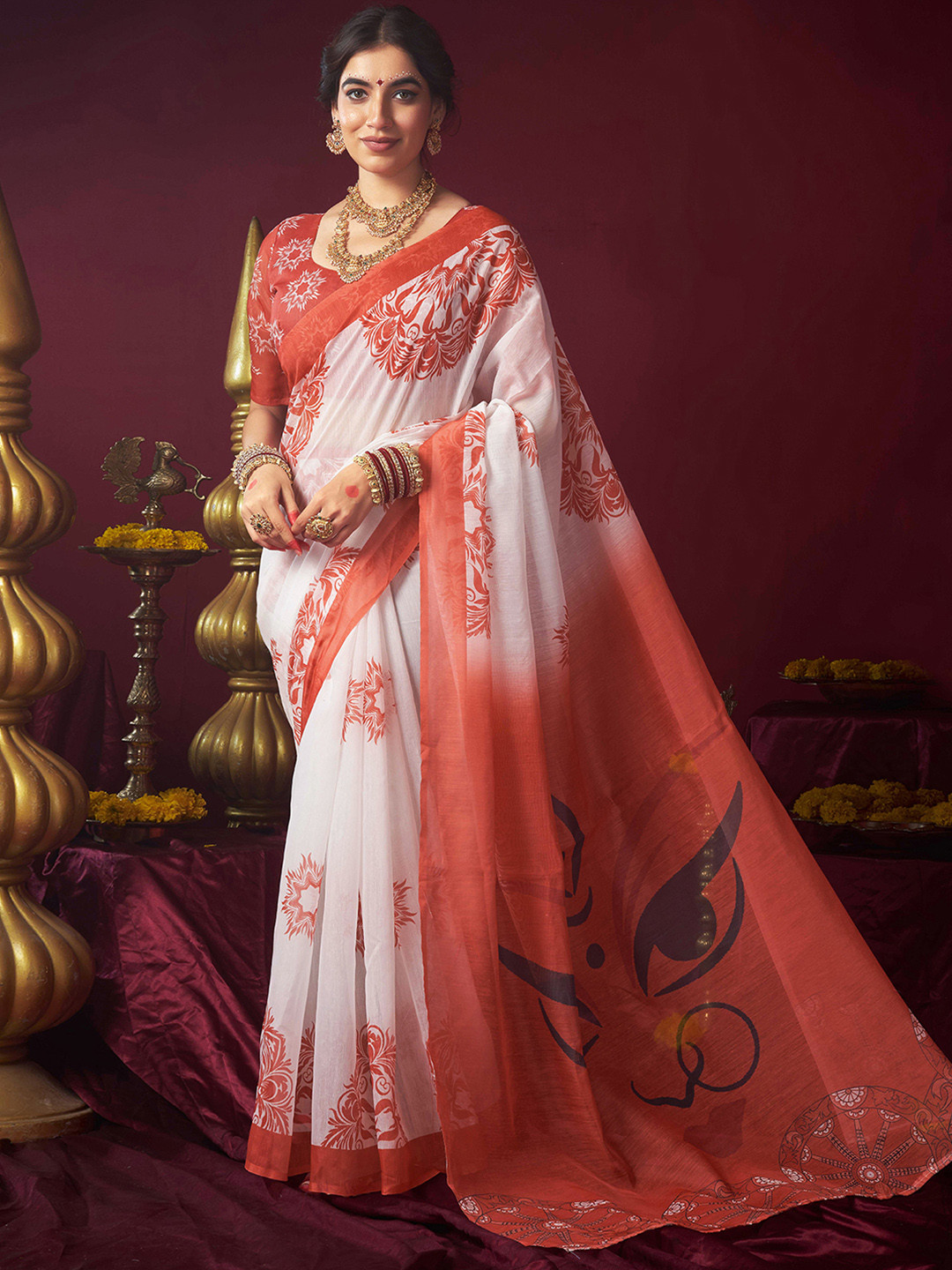 KALINI Ethnic Motifs Laal Paar Saree With Unstiched Blouse Piece