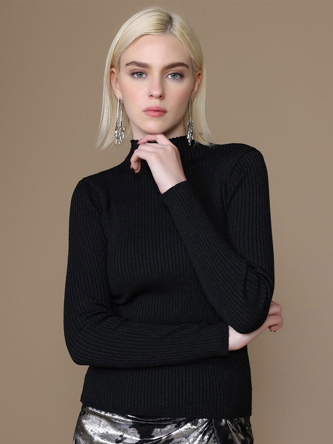 Kazo Lurex Yarn Women Ribbed High Neck Pullover