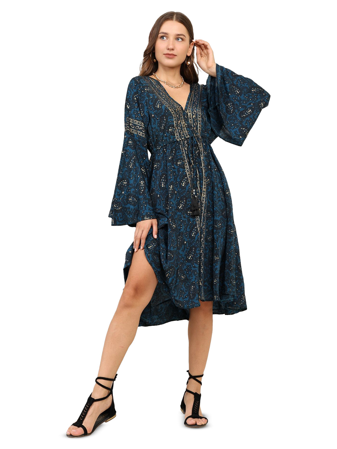 GALE GIRLS Bohemian Print Bell Sleeves Fit & Flare Knee Length Dress