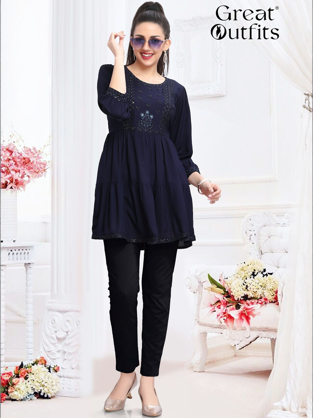 GREAT OUTFITS Women Floral Embroidered Frock style Short Panelled Anarkali Kurti