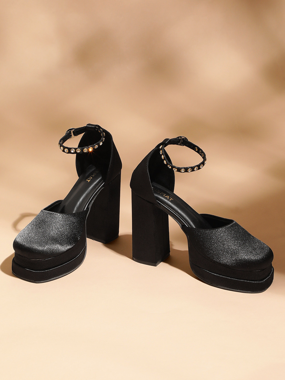 Qismat Stone Embellished Ankle Loop Satin Platform Heels