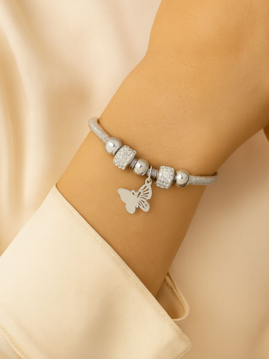 I Jewels Silver-Plated Crystals Studded Charm Bracelet With Butterfly Drop