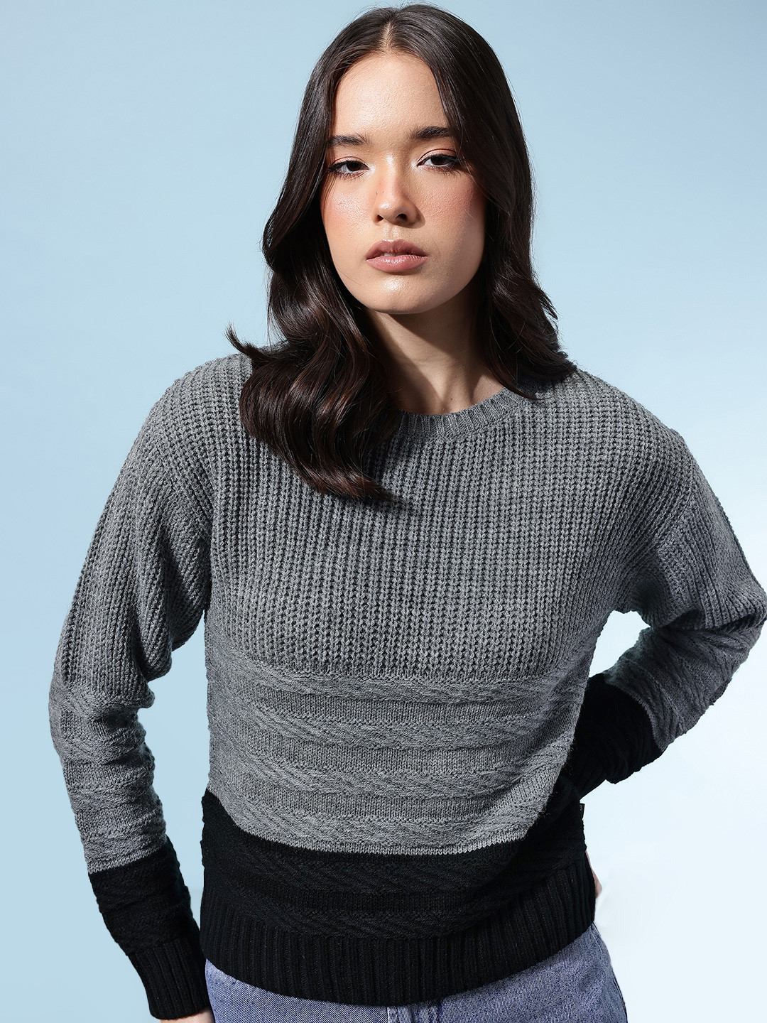 glitchez Colourblocked Cable Knit Pullover