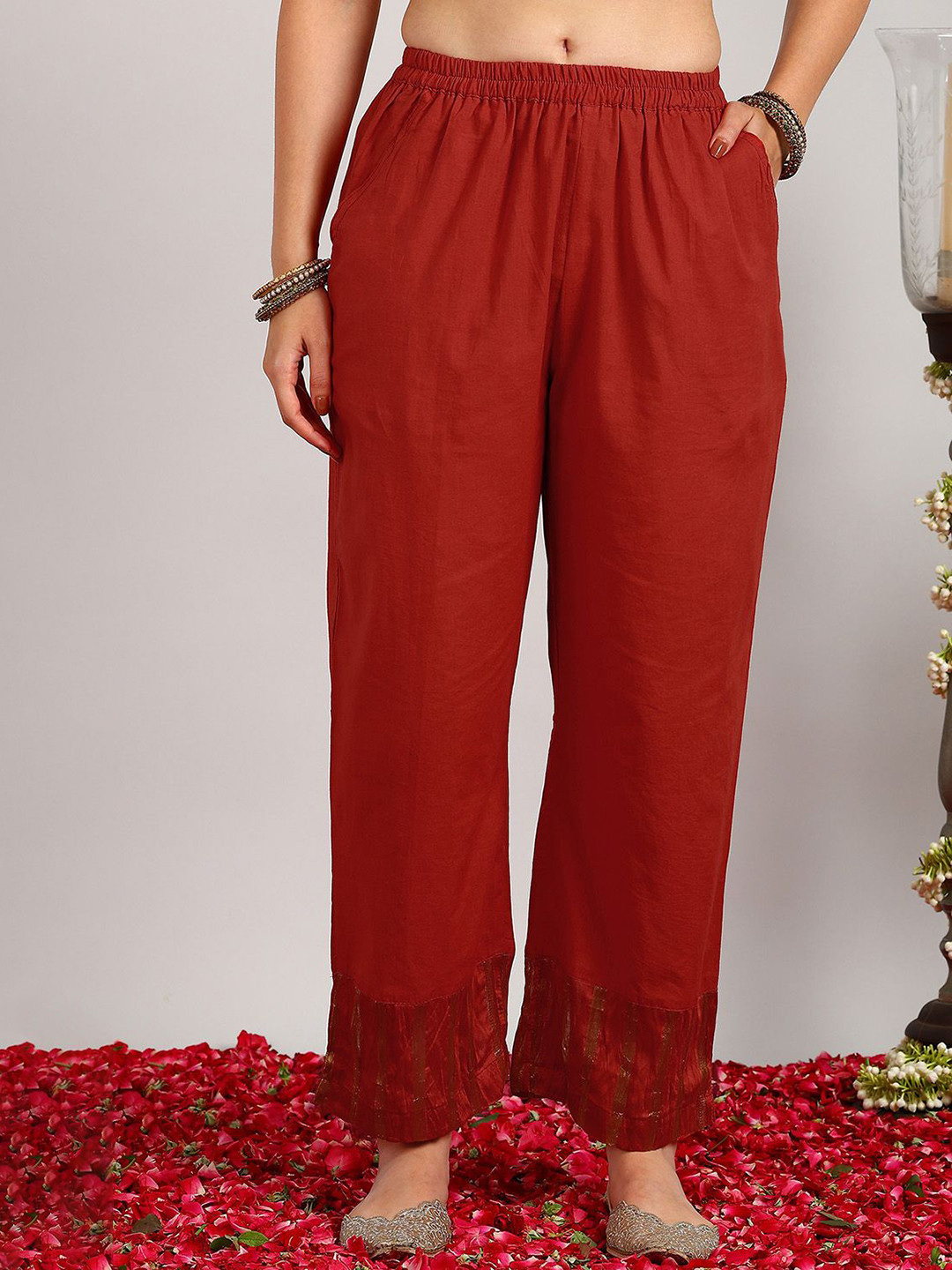 Tahiliya Women Relaxed Straight Leg Tissue Silk Wrinkle Free Trousers