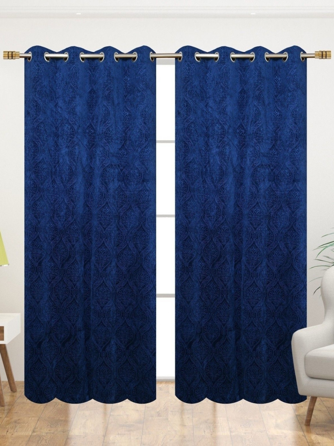 Kiara Creations Navy Blue 2 Pieces Velvet Floral Room Darkening Long Door Curtains