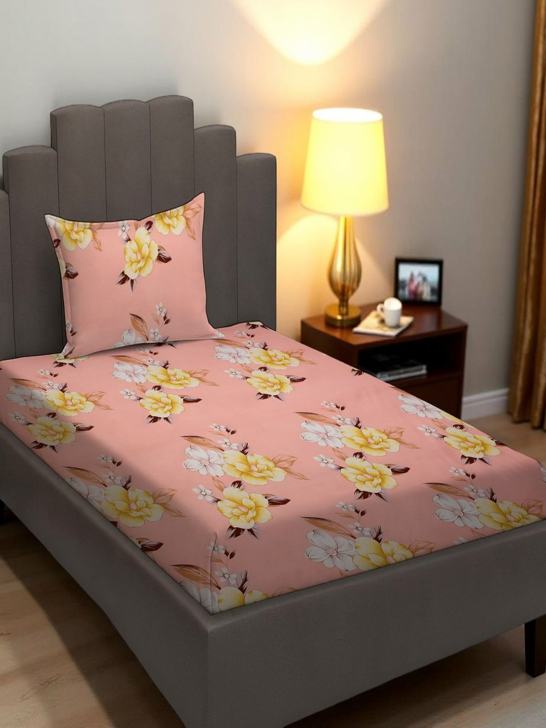 Aura Pink & Yellow Floral 240 TC Cotton Single Bedsheet With 1 Pillow Cover