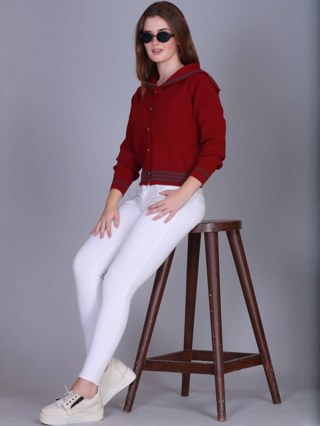 BLESSINTIMATES Women Solid Ribbed Shirt Collar Long Sleeves Woollen Cardigan