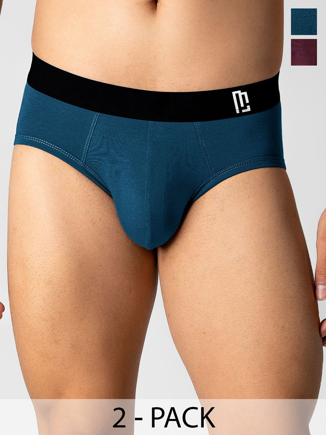 Maniac Pack Of 2 Mid-Rise Basic Briefs MN25-2PCK-MODAL-BRIF-ELST-NVY_BGDY-S-Burgundy