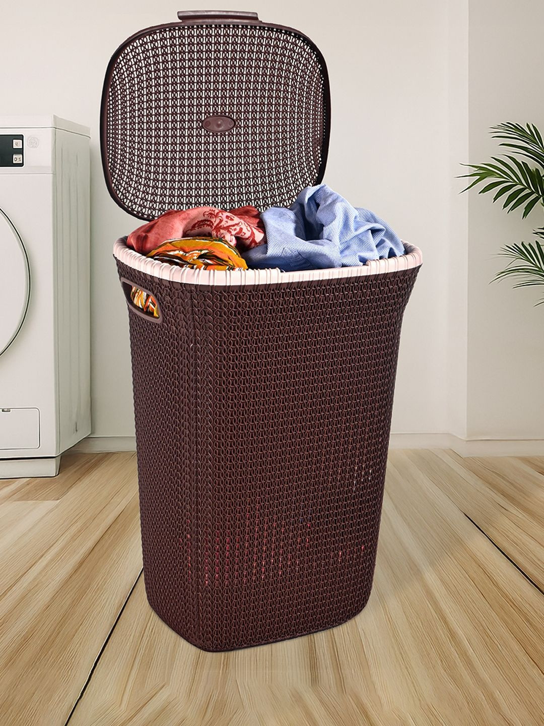 Kuber Industries Multipurpose Plastic Laundry Basket with Lid & Handle - 55Ltr