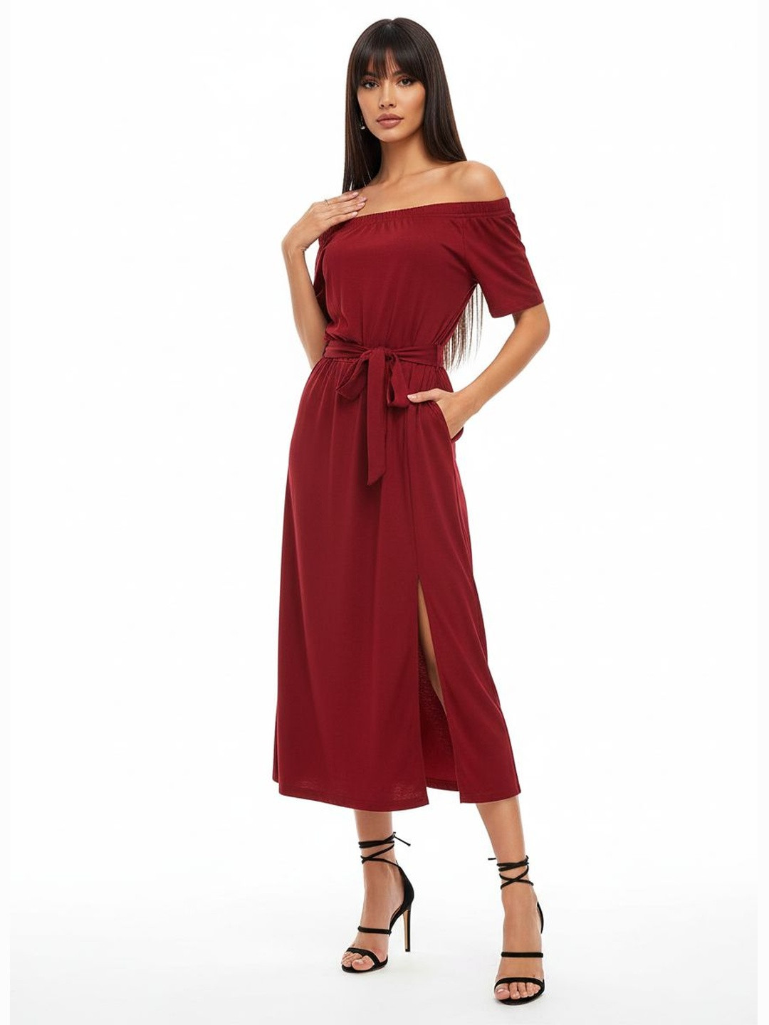 DressBerry Off-Shoulder A-Line Belted Midi Dress with Slit