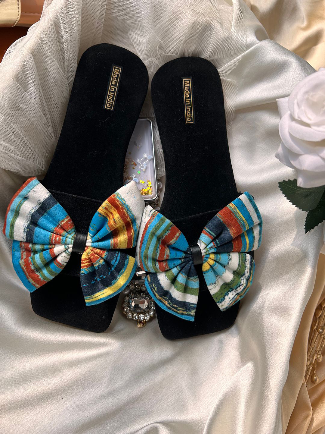 Enjee Women Party Open Toe Slip-On Flats with Vibrant Multicolour Bow