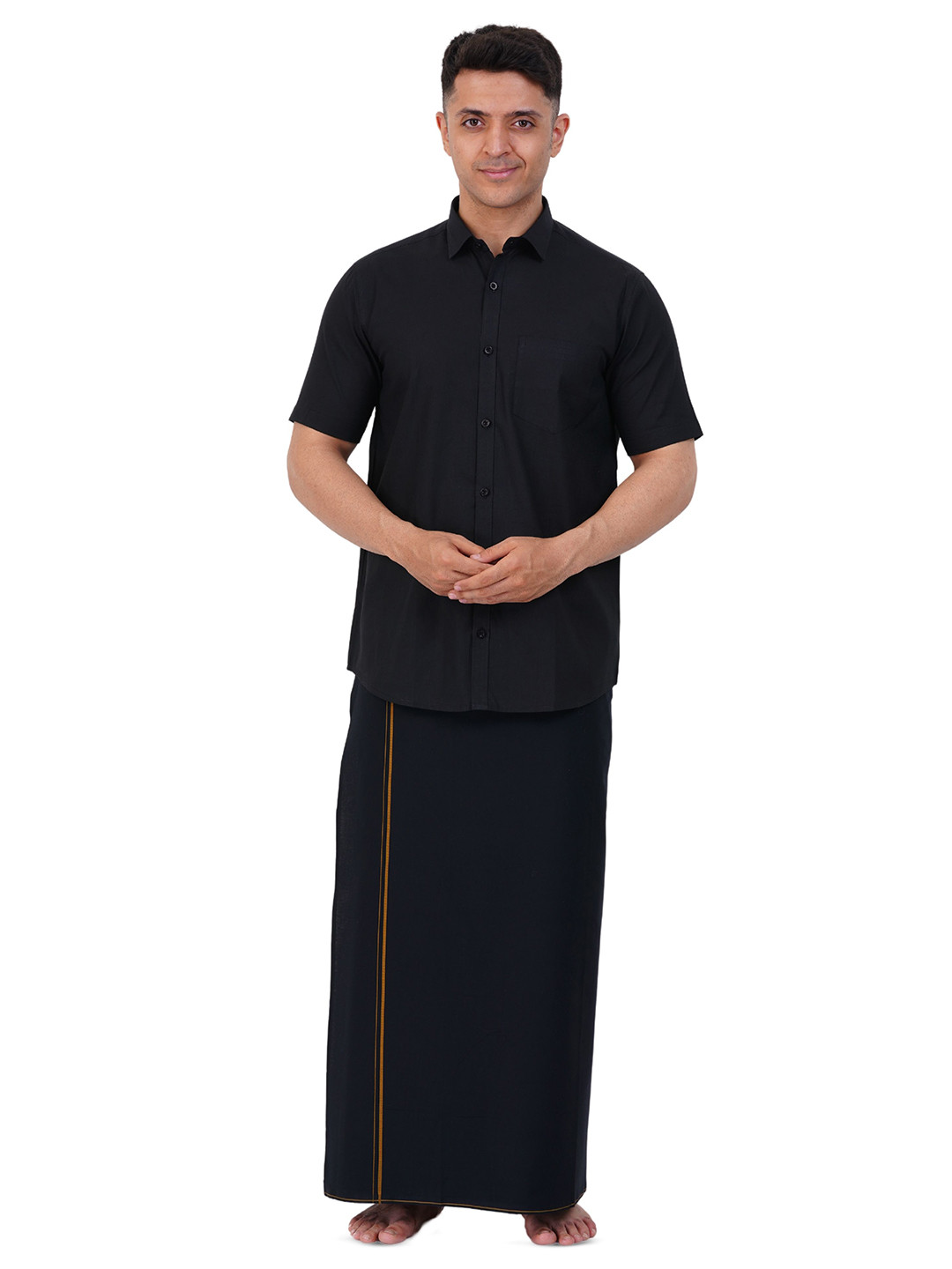 PRAKASAM COTTON Mens Flexi Adjustable Readymade Pocket Black Dhoti with Half Sleeve Shirt