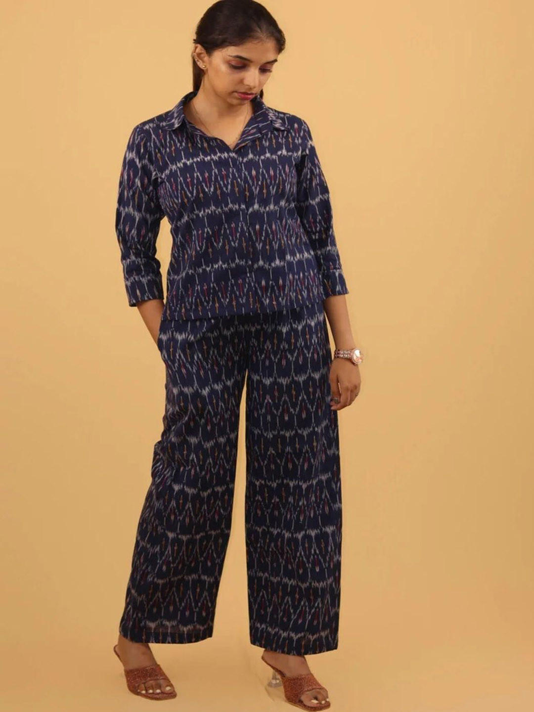 DISHA CREATIONZ Printed Pure Cotton Shirt Collar Tunic & Trousers Co-Ords
