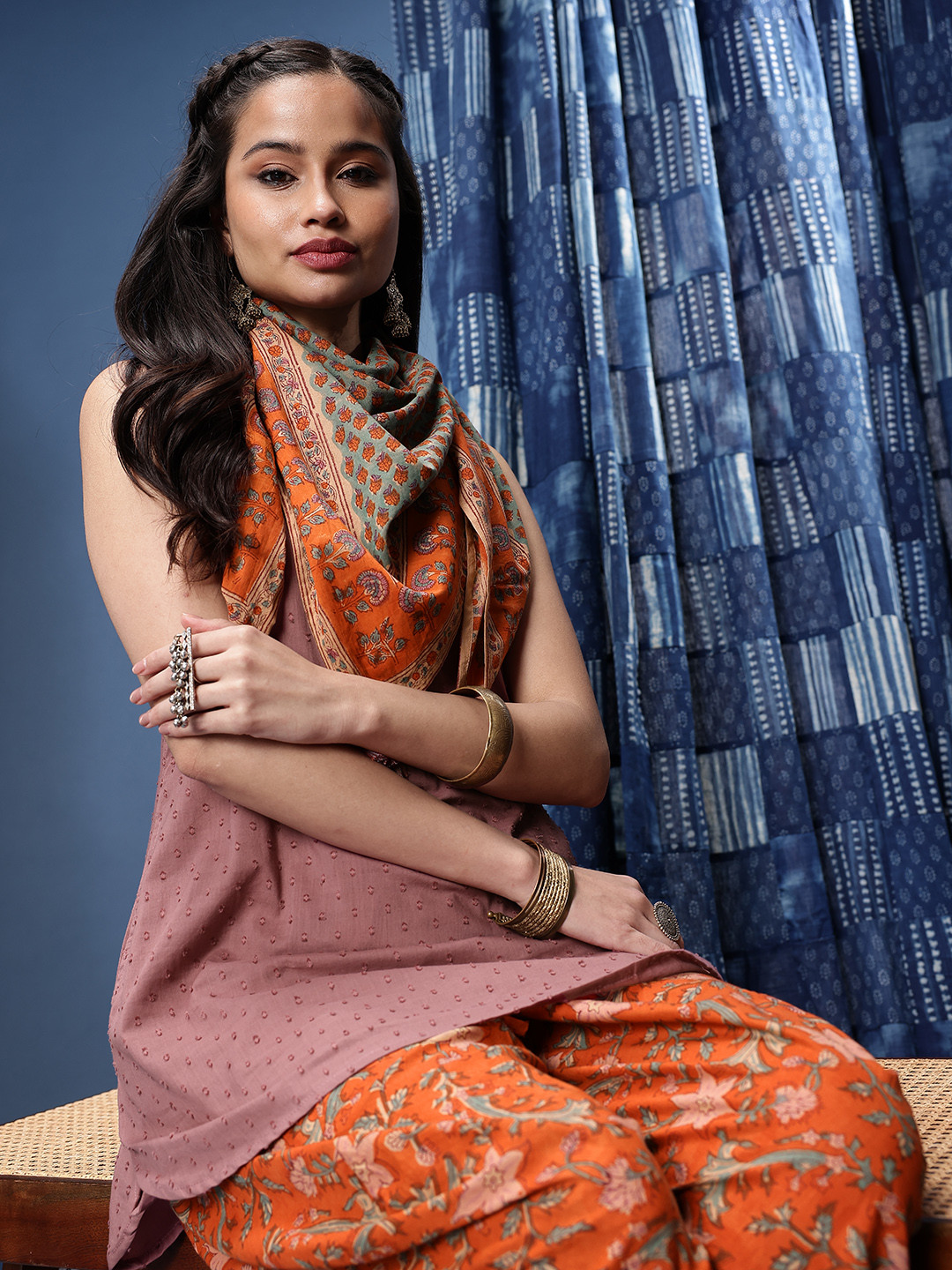 Taavi Woven Designed Pure Cotton Sanganeri Kurti & Harem Pants With Scarf