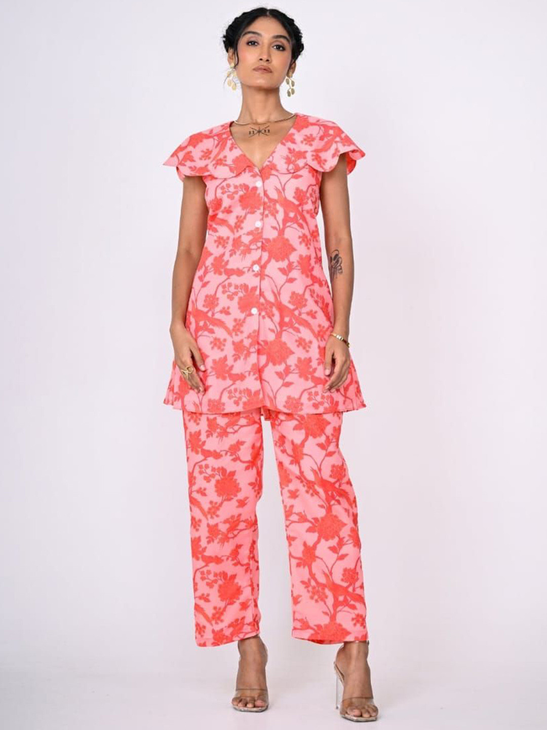 LabelDee Printed V-Neck Pure Cotton Tunic With Trousers