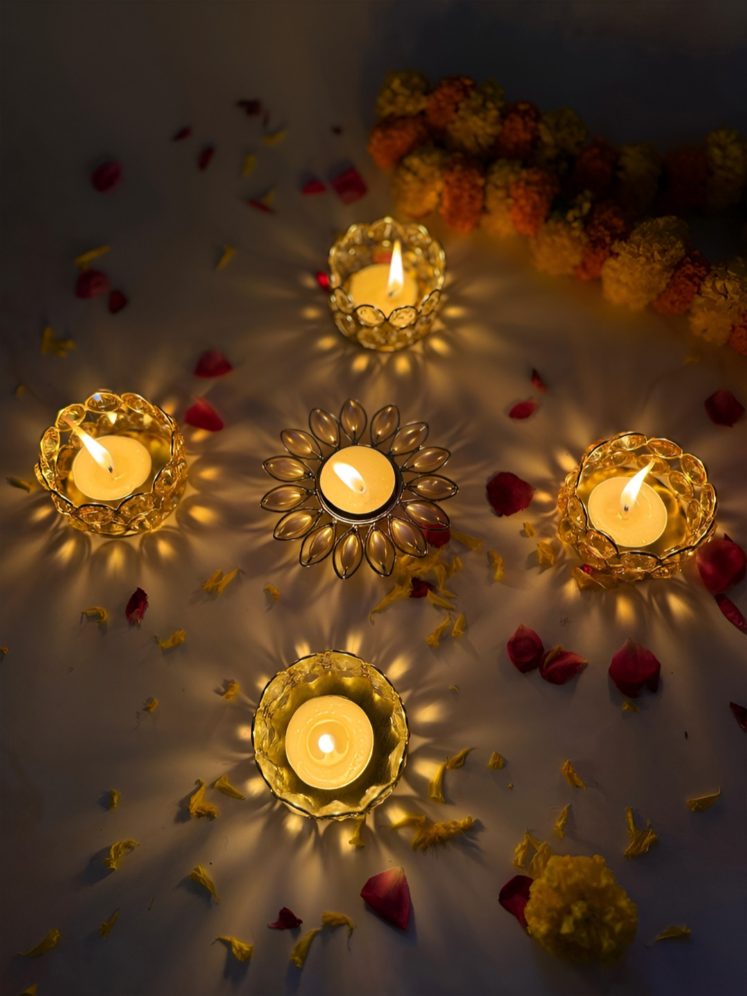 Giftii Gold Toned & White 5 Pieces Embellished Pearl Crystal Tea-Light Candle Holders