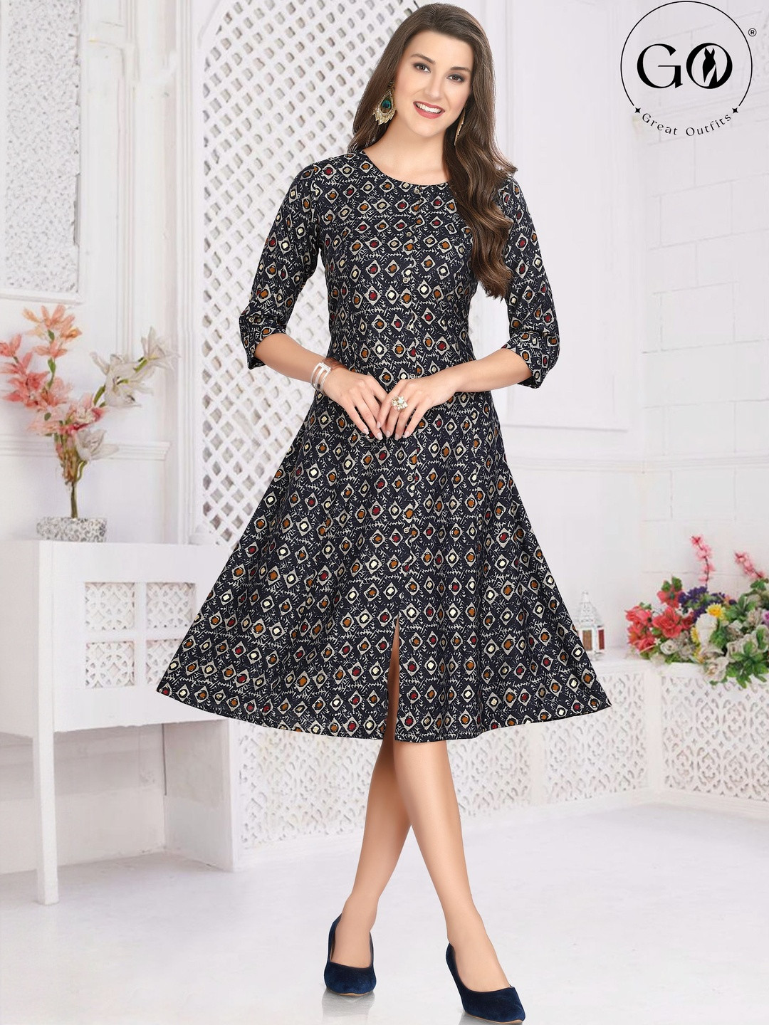 GREAT OUTFITS Geometric Printed Round Neck Pure Silk A-Line Dress