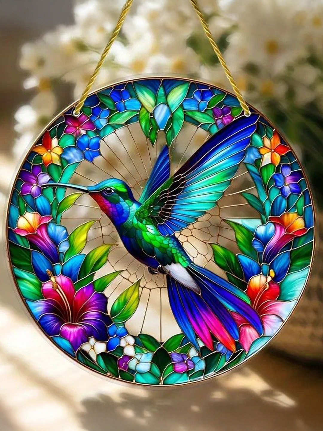 BS AMOR Blue & Green Hanging Elegant Hummingbird Round UV-Printed Suncatcher