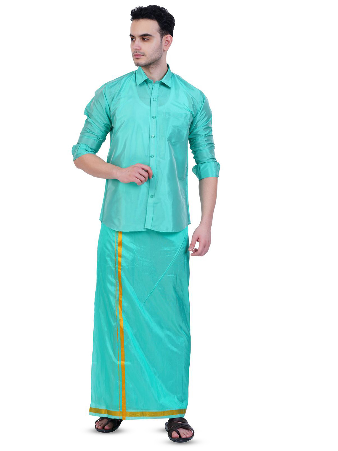 PRAKASAM COTTON Mens Art Silk 8 Mulam (8-Yard) Dhoti with Full Sleeve Shirt Wedding Set