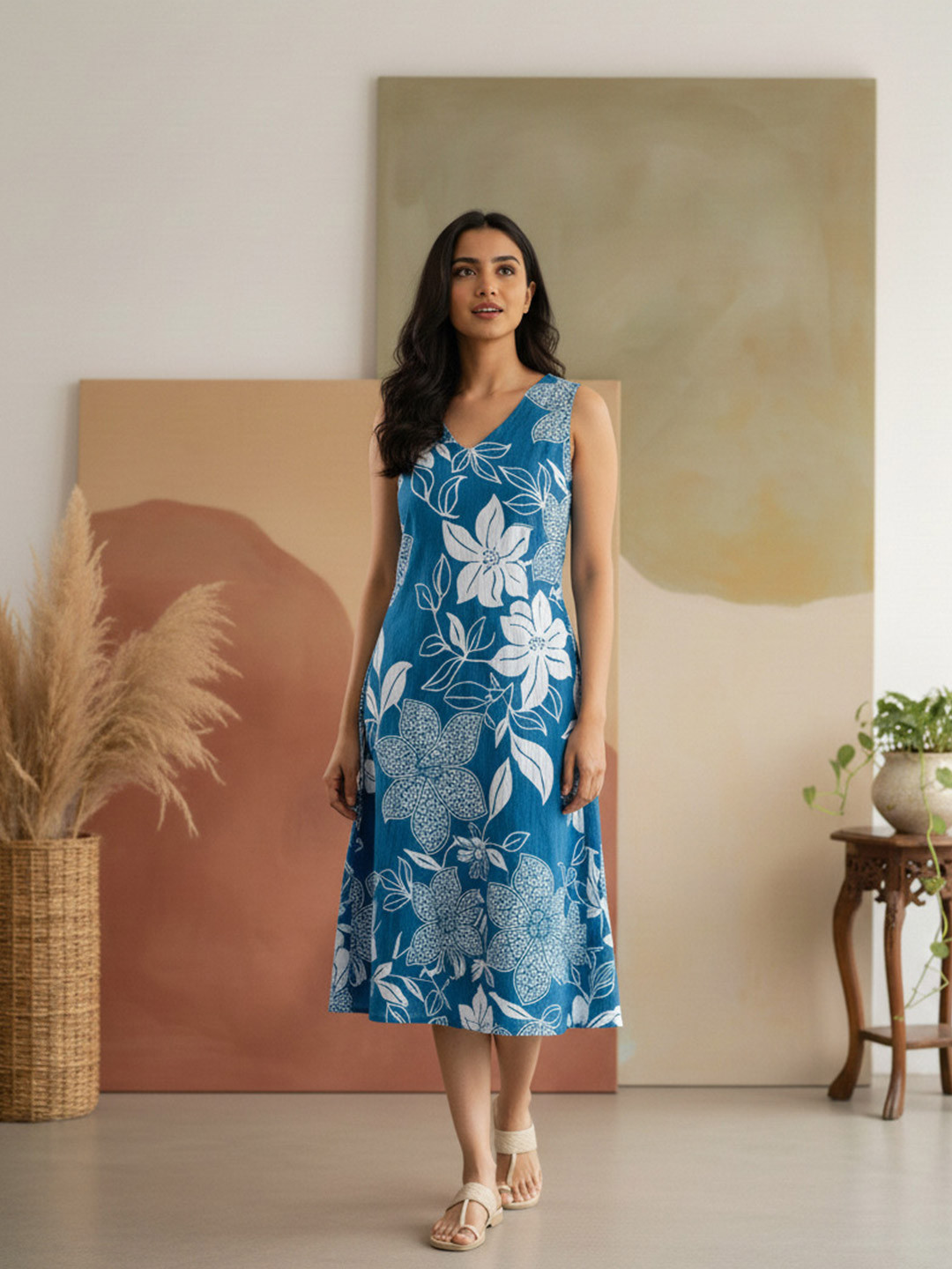 DHAKRE FASHION Floral Printed V-Neck Sleeveless Pure Cotton A-Line Kurta