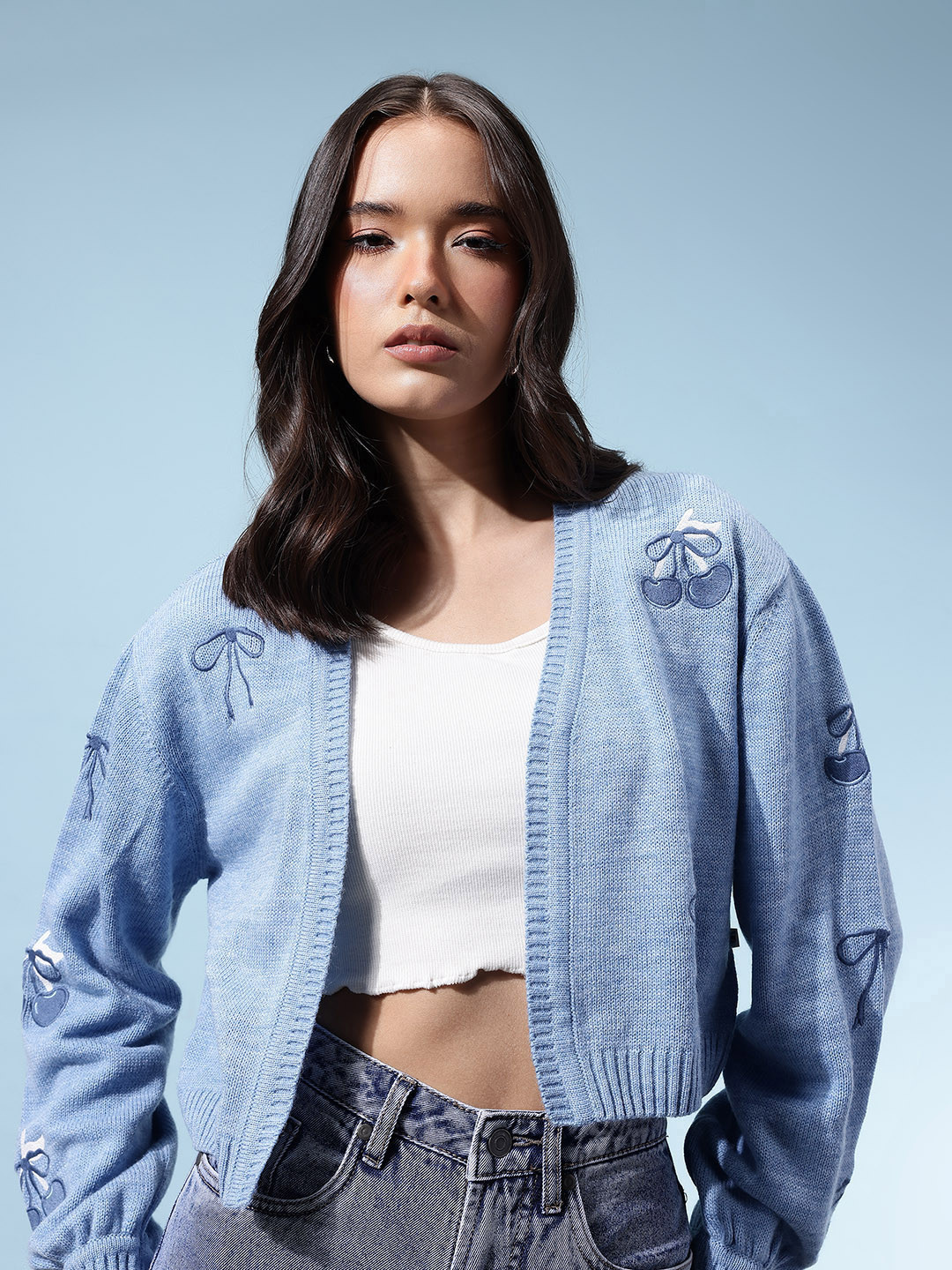 glitchez Crop Front Open Conversational Print Sweater with Embroidered Detail