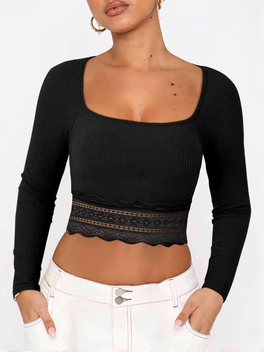 StyleCast Women Ribbed Lace Inserts Square Neck Long Sleeves Crop Top