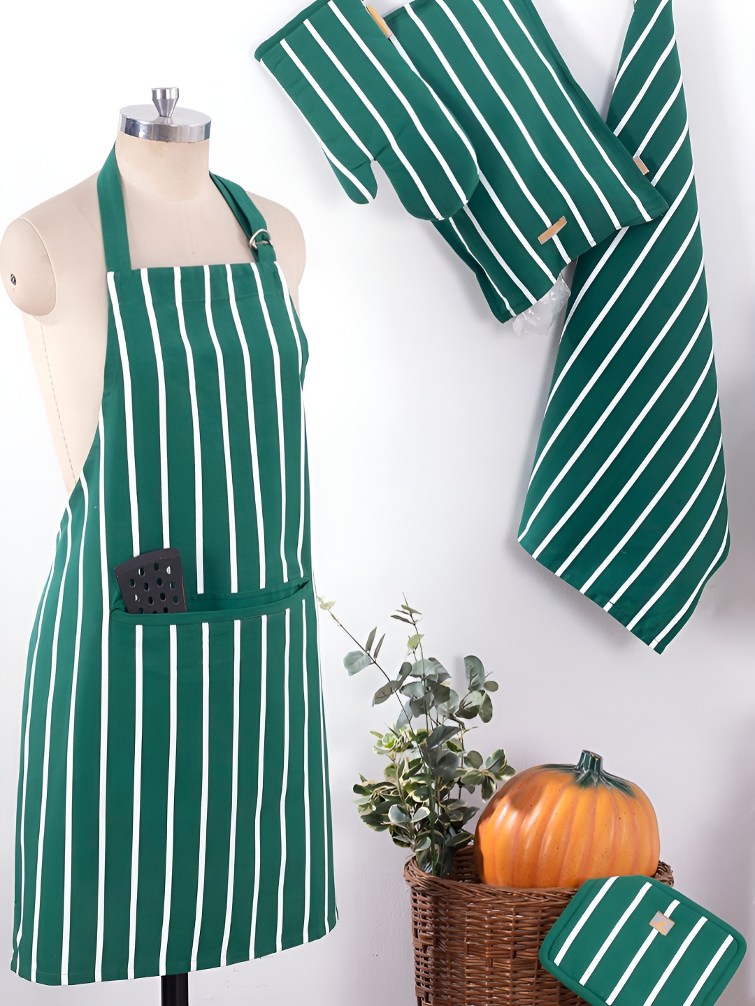 MASPAR Green & White 5 Pieces Striped Kitchen Linen Set