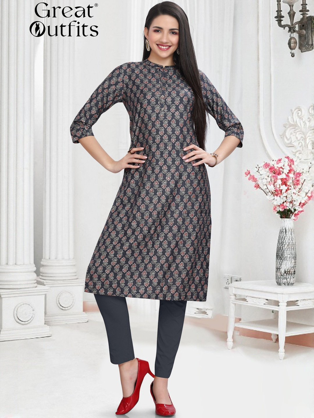 GREAT OUTFITS Floral Printed Pure Silk A-Line Straight Kurti