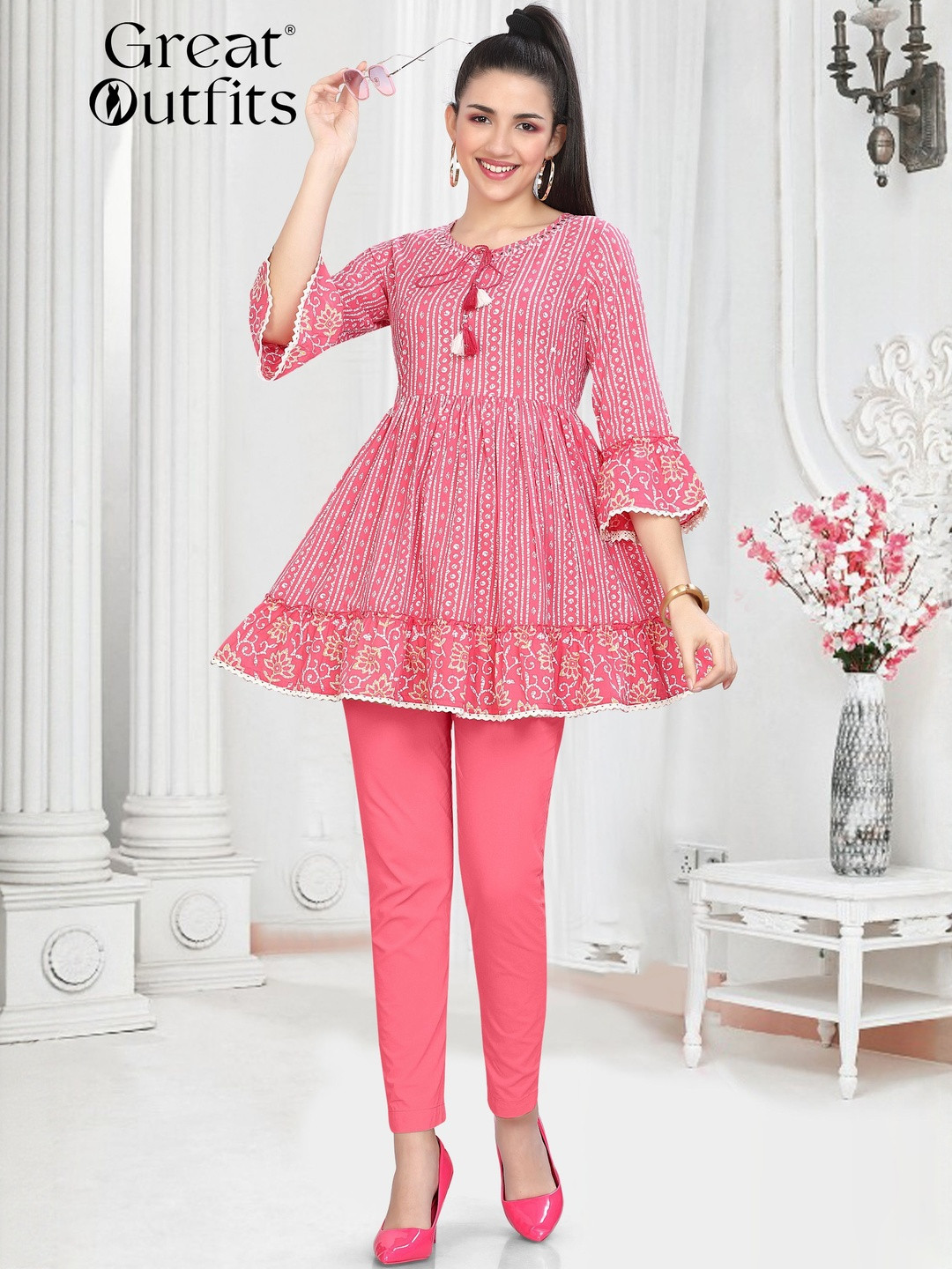 GREAT OUTFITS Floral Printed Tie-Up Neck Bell Sleeves Pure Cotton  Kurti