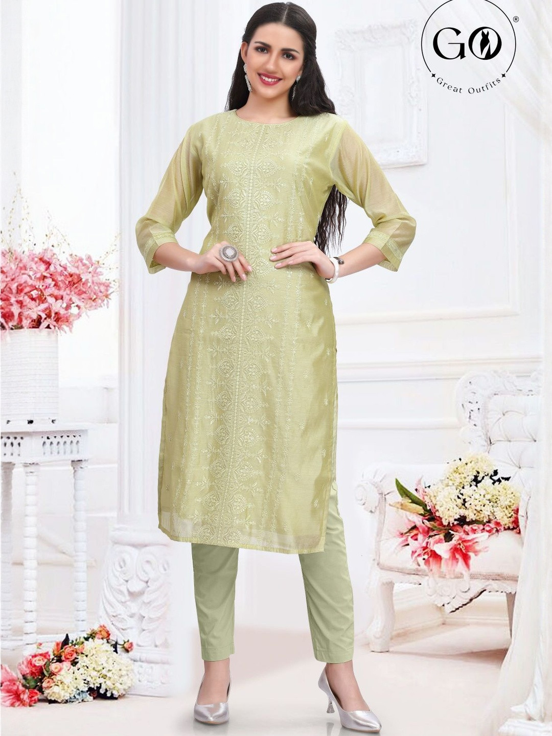 GREAT OUTFITS Women Embroidered Thread Work Pure Silk  Kurtis