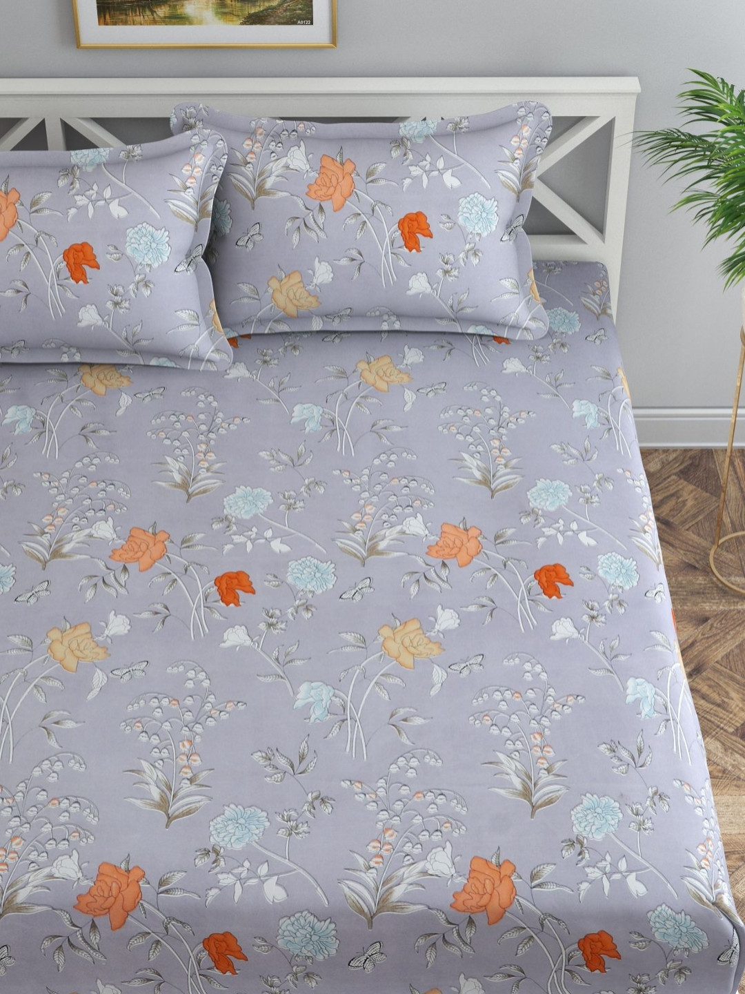 Florida Lavender & Brown Floral Printed 120 TC King Bedsheet With 2 Pillow Covers