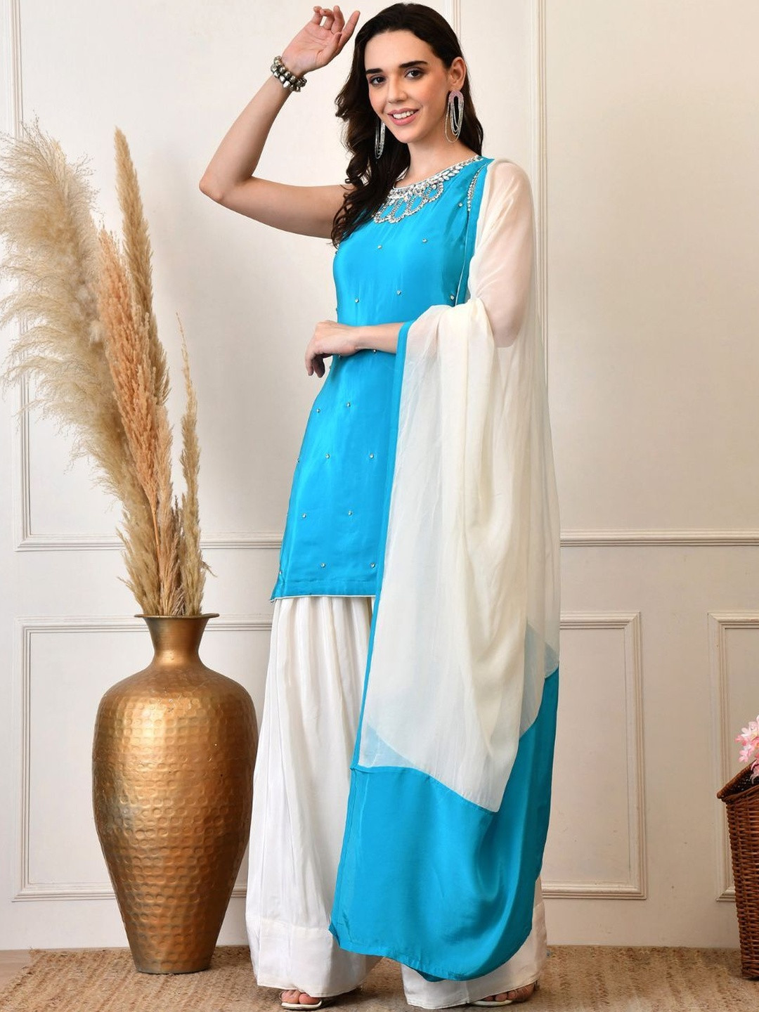 Shop Begum Embroidered Beads And Stones Kurta With Patiala & Dupatta