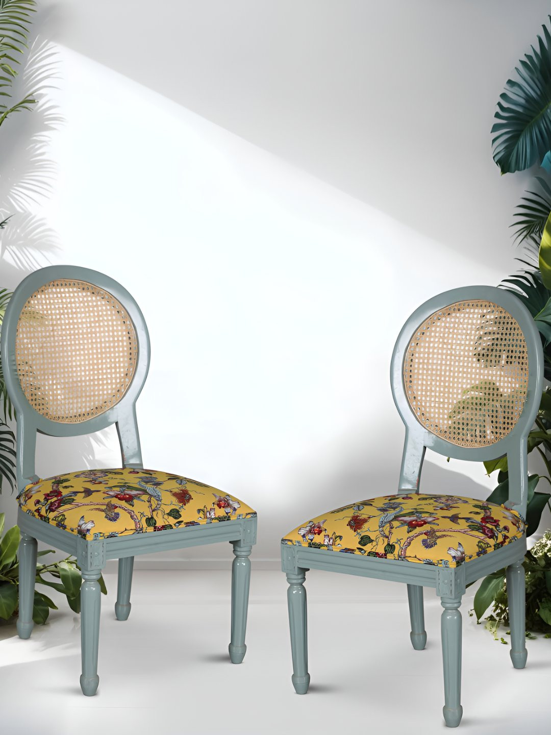 GLOBALLY INDIAN Yellow & Grey 2 Pieces Printed Wooden Lounge Chairs
