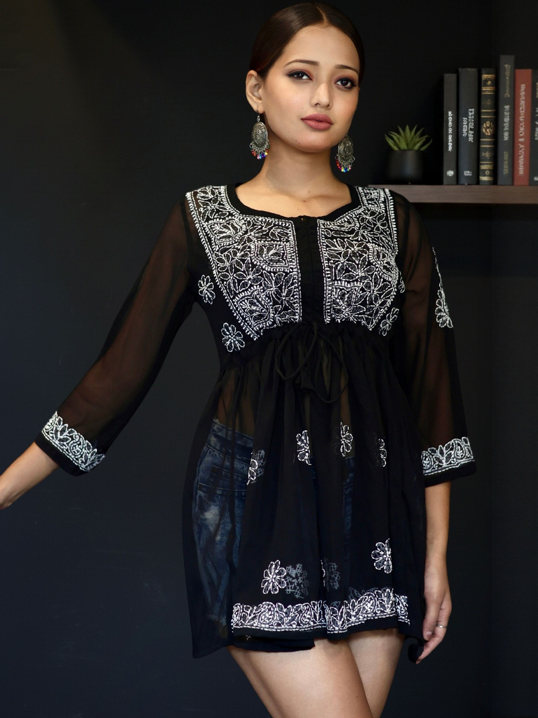 myplusfashion Women Black Lucknowi Chikankari Hand Embroidered Tunic Top