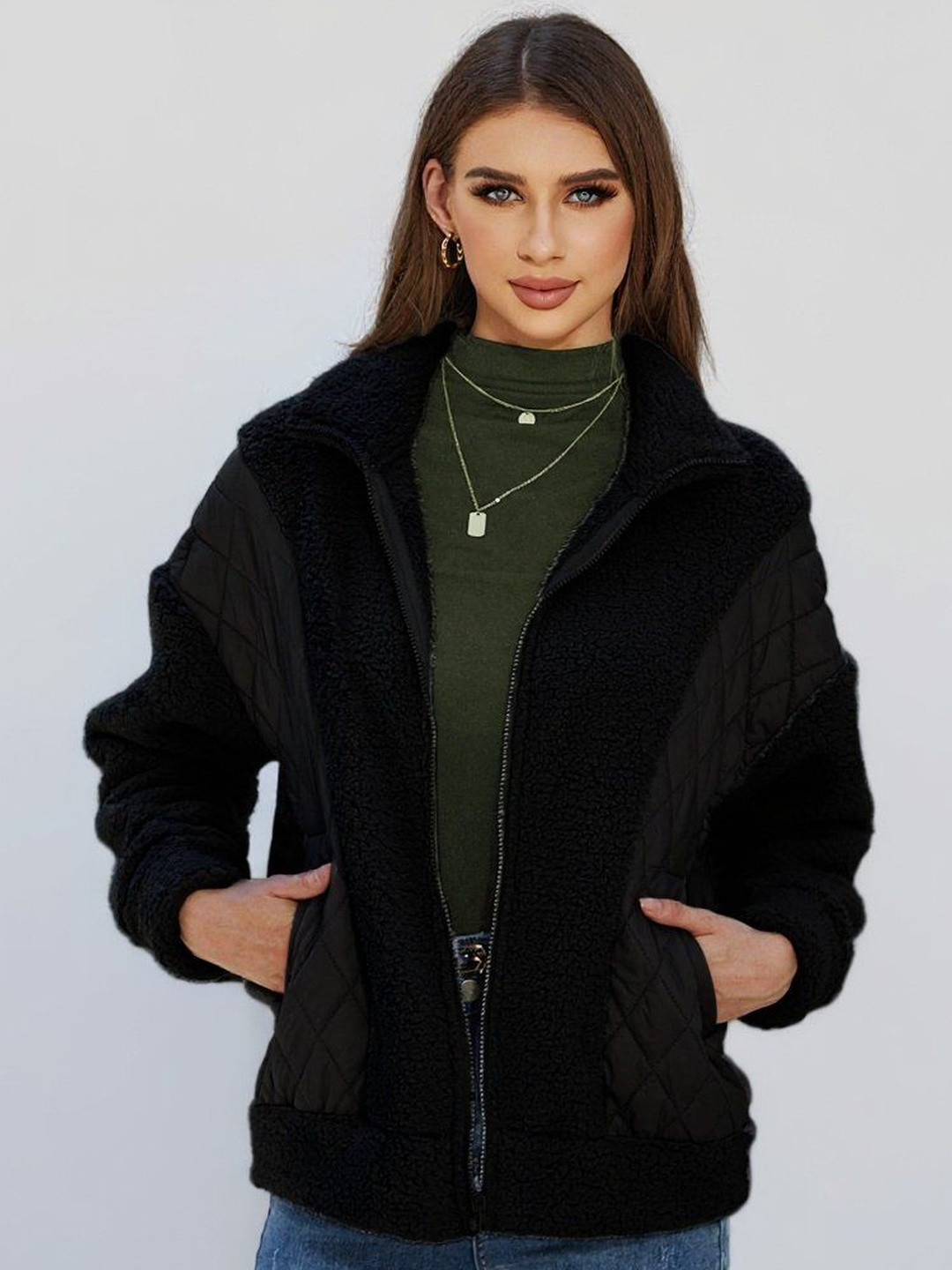 HERE&NOW Women Black Casual Polyester Regular Winter Wear Jackets