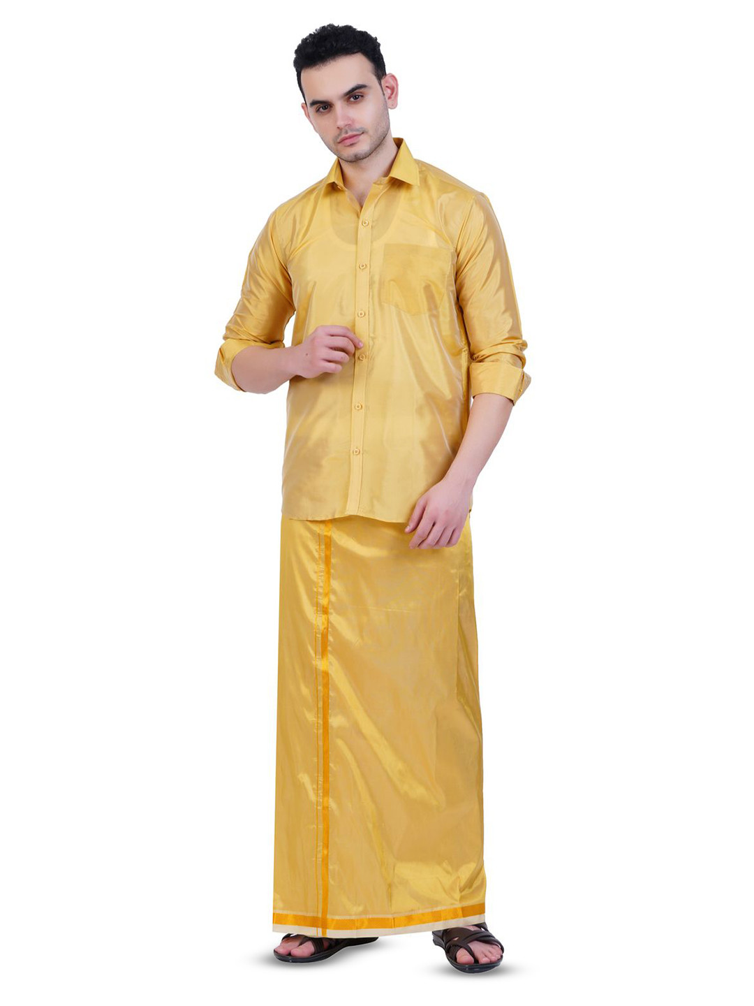 PRAKASAM COTTON Mens Art Silk 8 Mulam (8-Yard) Dhoti with Full Sleeve Shirt Wedding Set