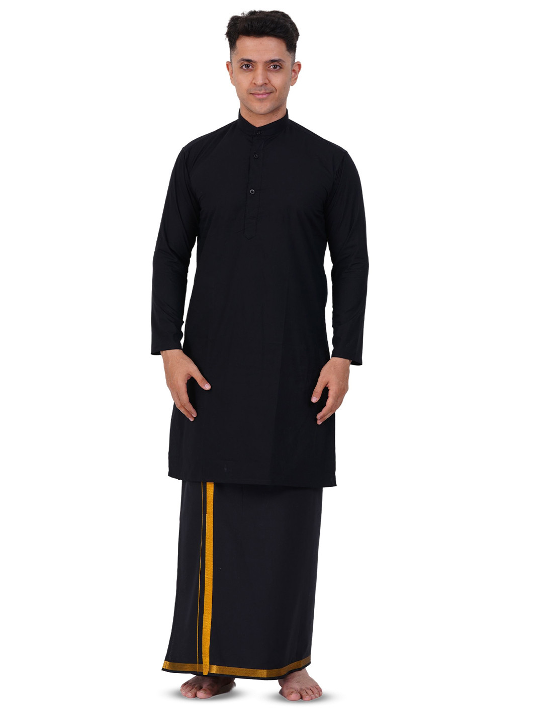 PRAKASAM COTTON Mens Single Gold Jari Border Dhoti with Full Sleeve Mandarin Short Kurta