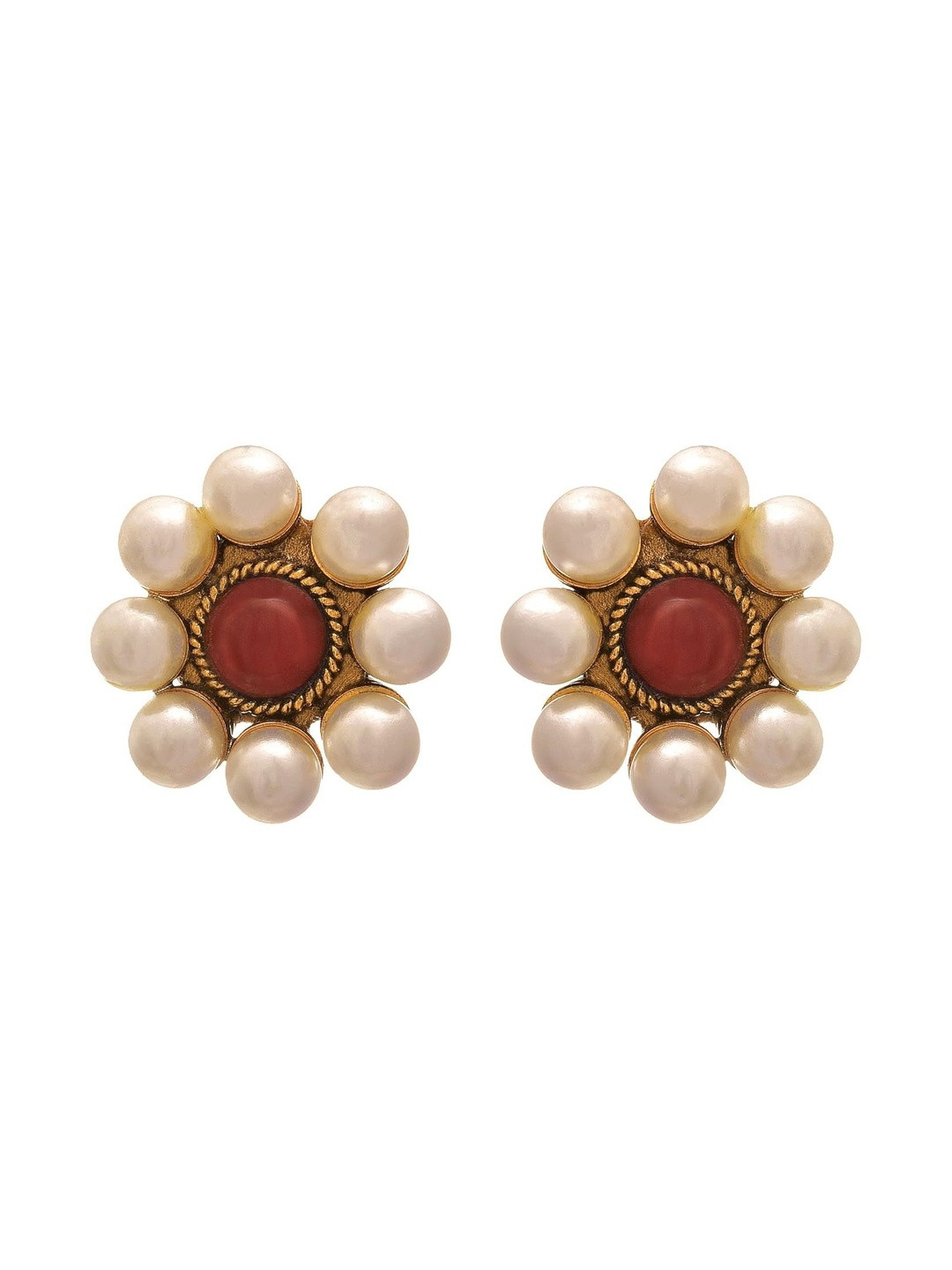 JFL - JEWELLERY FOR LESS Gold Plated Pearls Studded Floral Shaped  Stud Earring