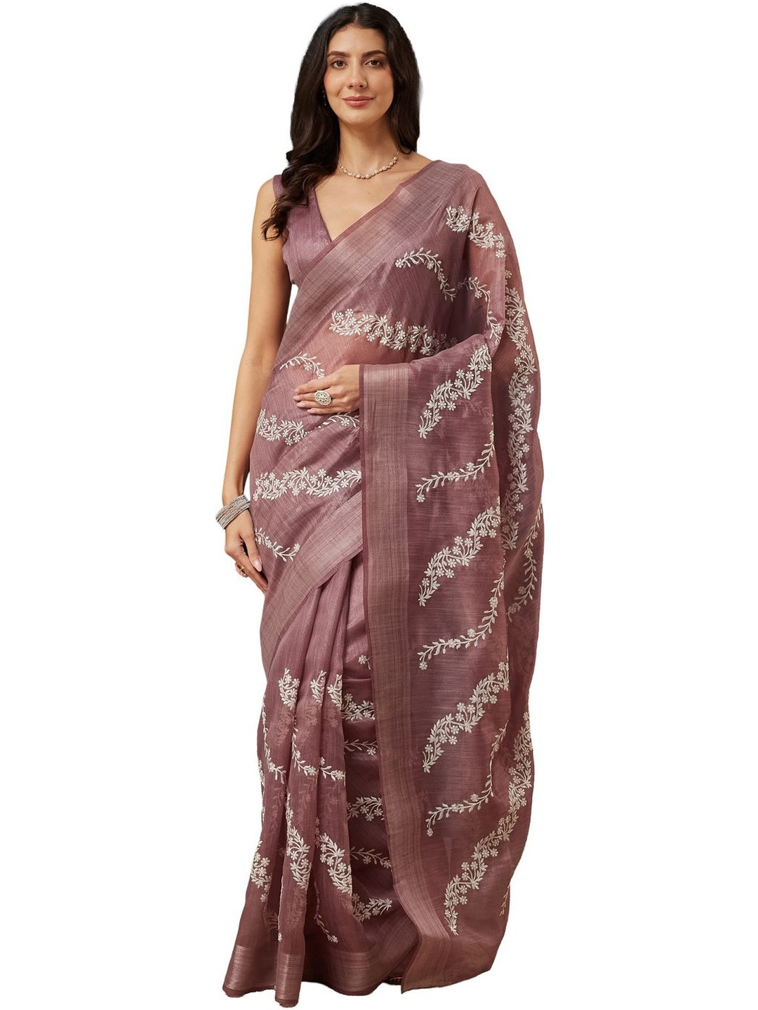 ECOLEAF Woven Design Embroidered Saree