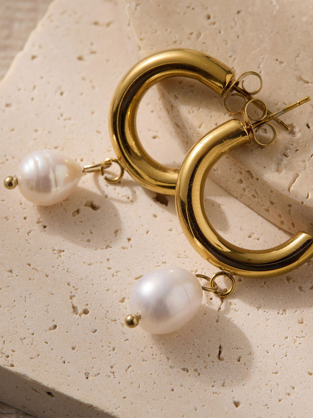 Pefectly Average Women 18K Gold Plated Pearl Hoops
