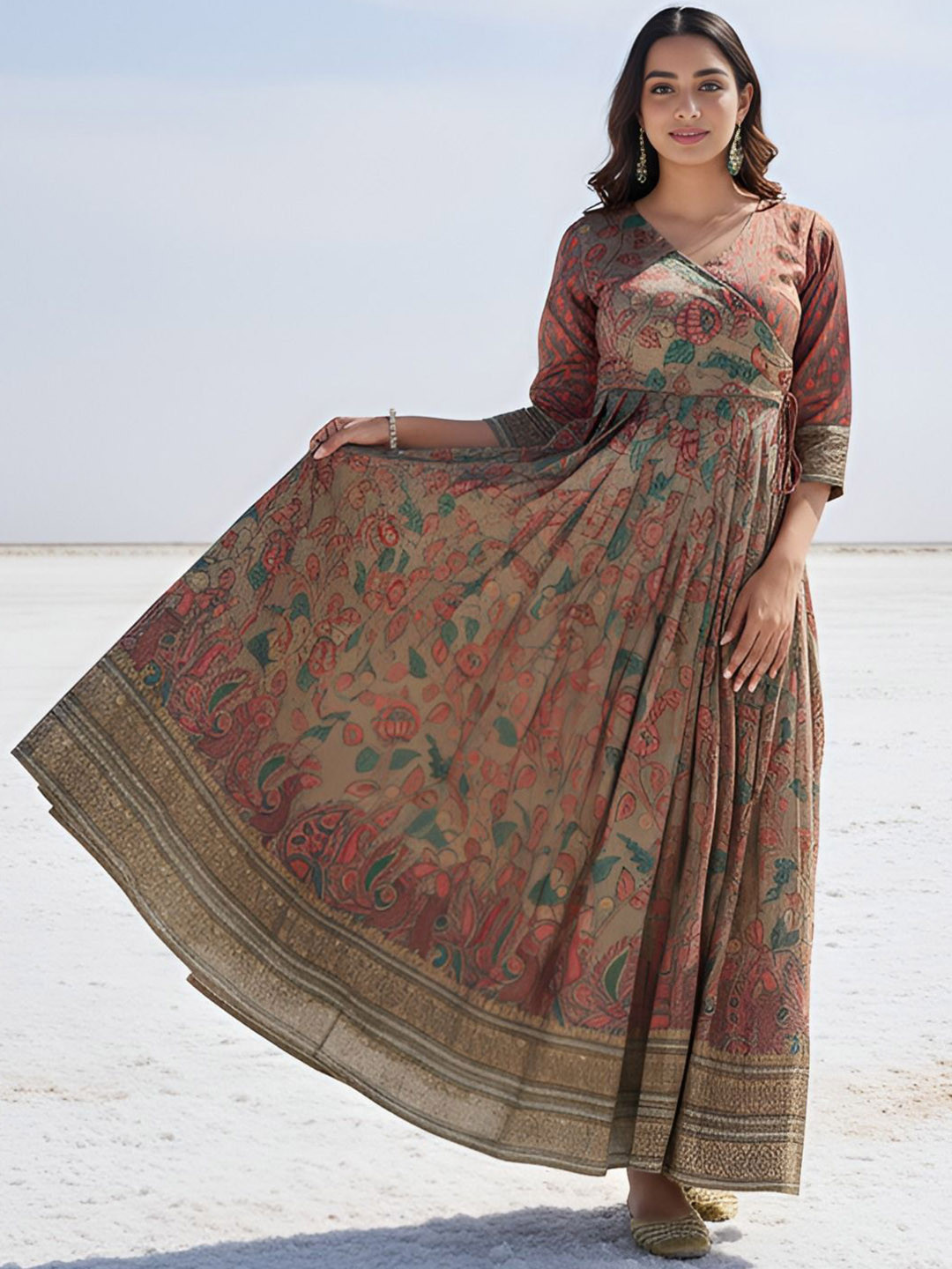MORDEN MUSE V-Neck Kalamkari Printed Wrap Maxi Dress
