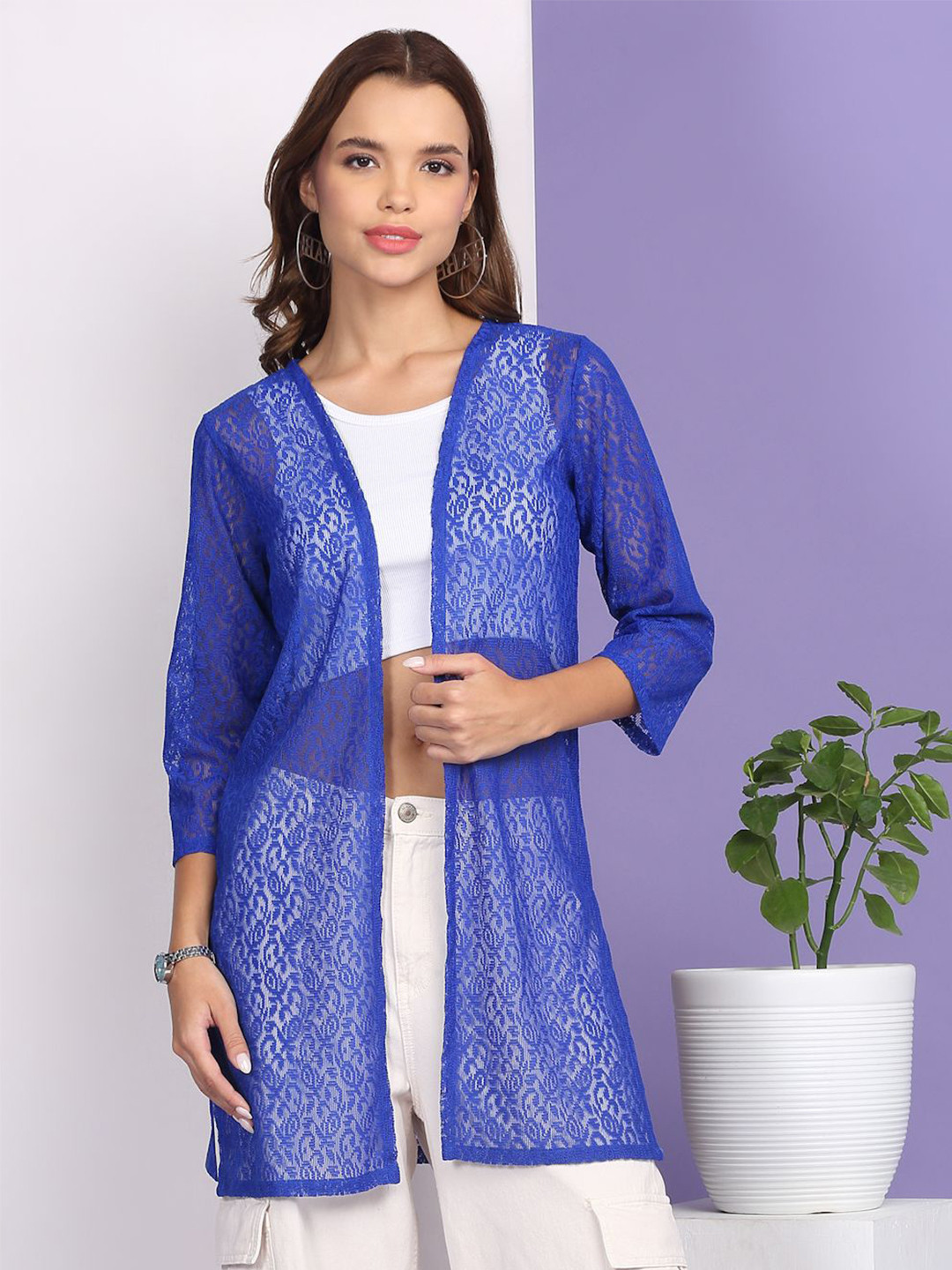 MORDEN MUSE Self Design V-Neck Longline Sheer Shrug