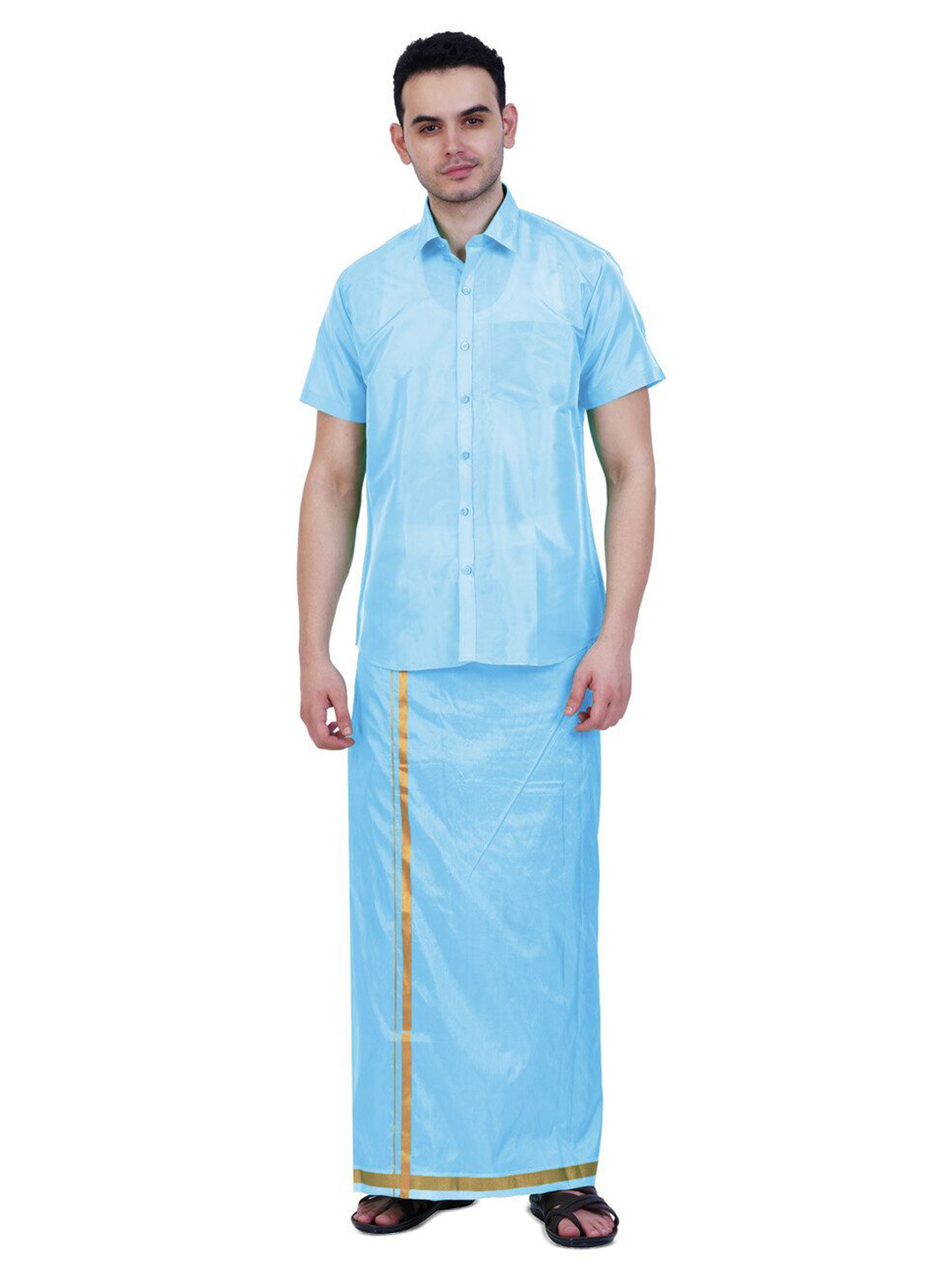 PRAKASAM COTTON Mens Art Silk 8 Mulam (8-Yard) Dhoti with Half Sleeve Shirt Wedding Set